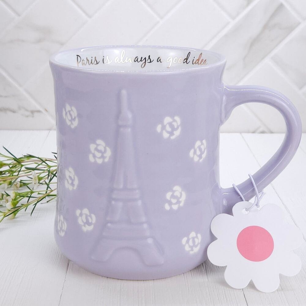 Paris Eiffel Tower Coffee Mug 20oz Floral Lavender Ceramic Embossed Francophile